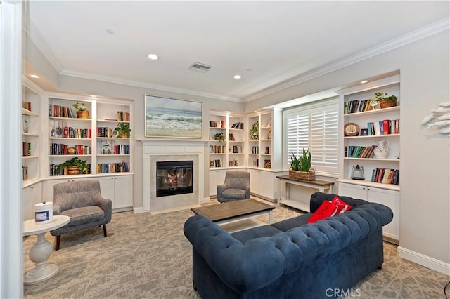 5680 Kate Way Unit 5, Fontana, CA 92336 - living area featuring crown molding, a fireplace with flush hearth, recessed lighting, built in shelves, and light colored carpet