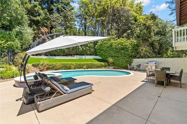 10411 Windtree Dr, Los Angeles, CA 90077 - view of pool with a patio area, outdoor dining space, and view of scattered trees