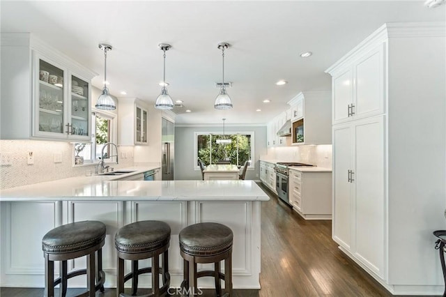 10411 Windtree Dr, Los Angeles, CA 90077 - kitchen featuring stainless steel appliances, a peninsula, light countertops, extractor fan, and recessed lighting