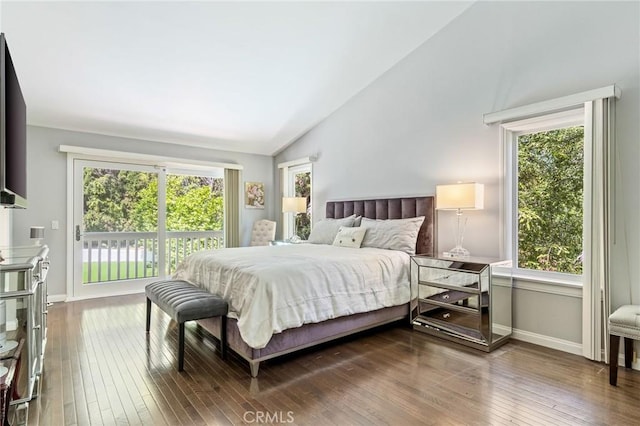 10411 Windtree Dr, Los Angeles, CA 90077 - bedroom featuring lofted ceiling, multiple windows, and dark wood-style flooring