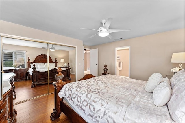 4360 E Addington Dr, Anaheim, CA 92807 - bedroom featuring a closet, wood finished floors, and ceiling fan