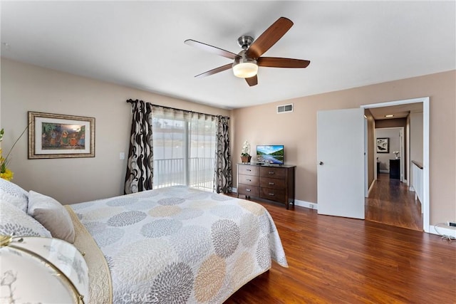 4360 E Addington Dr, Anaheim, CA 92807 - bedroom with wood finished floors, access to exterior, and a ceiling fan