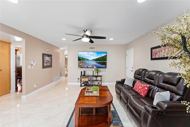4360 E Addington Dr, Anaheim, CA 92807 - living room with ceiling fan, recessed lighting, and light tile patterned flooring