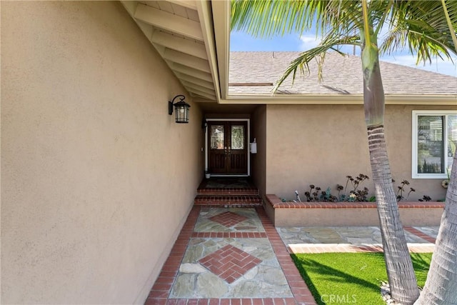 4360 E Addington Dr, Anaheim, CA 92807 - entrance to property featuring stucco siding, roof with shingles, and french doors