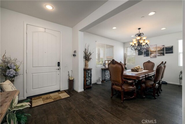 18094 Olivenhain Dr, Riverside, CA 92508 - dining space featuring a chandelier, dark wood-type flooring, and recessed lighting
