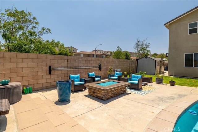 18094 Olivenhain Dr, Riverside, CA 92508 - view of patio / terrace featuring a storage shed and an outdoor living space with a fire pit
