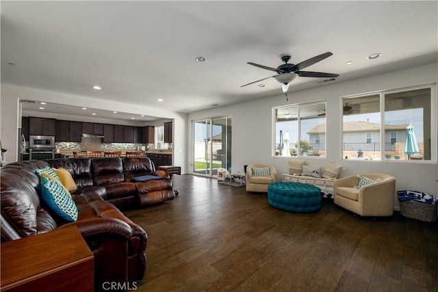18094 Olivenhain Dr, Riverside, CA 92508 - living room with dark wood-type flooring, recessed lighting, and ceiling fan
