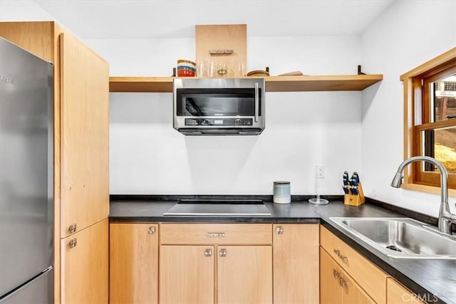 27151 Mission Hills Dr, San Juan Capistrano, CA 92675 - kitchen with appliances with stainless steel finishes, open shelves, and light brown cabinets