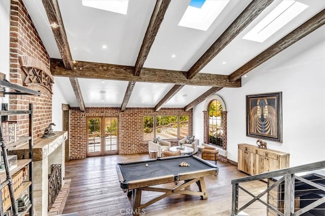 27151 Mission Hills Dr, San Juan Capistrano, CA 92675 - game room featuring a skylight, beam ceiling, wood finished floors, french doors, and pool table