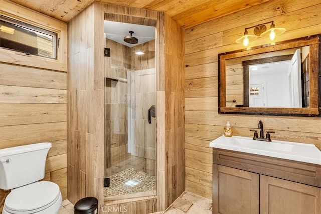 27151 Mission Hills Dr, San Juan Capistrano, CA 92675 - bathroom with wooden walls, wooden ceiling, vanity, and a stall shower