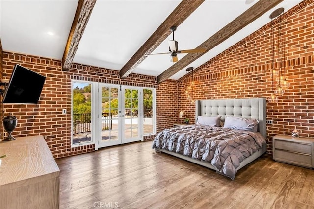 27151 Mission Hills Dr, San Juan Capistrano, CA 92675 - bedroom featuring brick wall, access to outside, wood finished floors, french doors, and a ceiling fan
