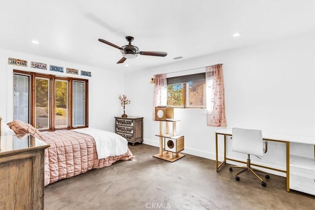 27151 Mission Hills Dr, San Juan Capistrano, CA 92675 - bedroom with finished concrete floors, an office area, recessed lighting, and ceiling fan