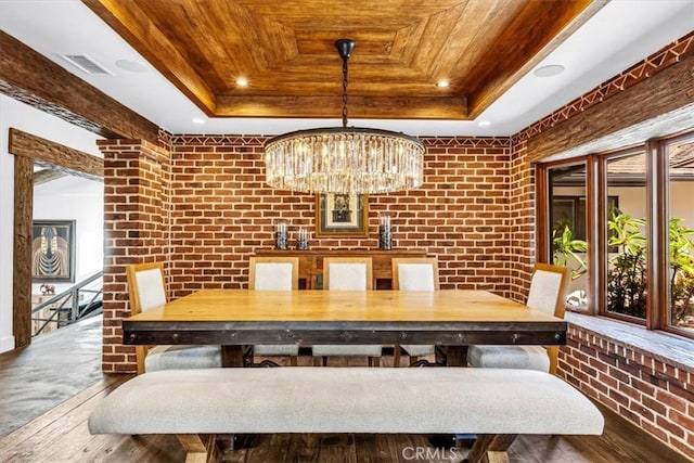 27151 Mission Hills Dr, San Juan Capistrano, CA 92675 - dining room with a tray ceiling, wooden ceiling, a chandelier, hardwood / wood-style flooring, and brick wall