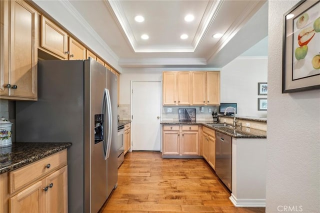 13 New Chardon, Laguna Niguel, CA 92677 - kitchen featuring stainless steel appliances, a tray ceiling, light wood-type flooring, light brown cabinets, and ornamental molding