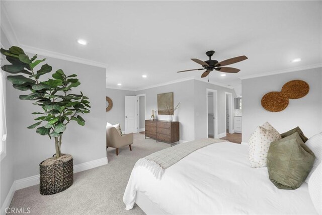 12012 Paseo Bonita, Los Alamitos, CA 90720 - bedroom featuring recessed lighting, ornamental molding, carpet flooring, and a ceiling fan