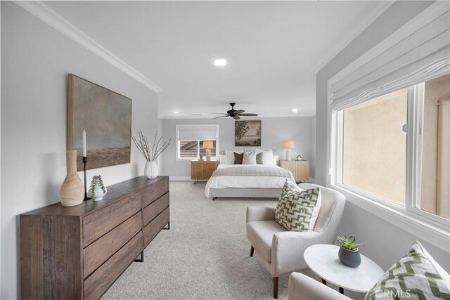 12012 Paseo Bonita, Los Alamitos, CA 90720 - bedroom featuring light colored carpet, ornamental molding, recessed lighting, and ceiling fan