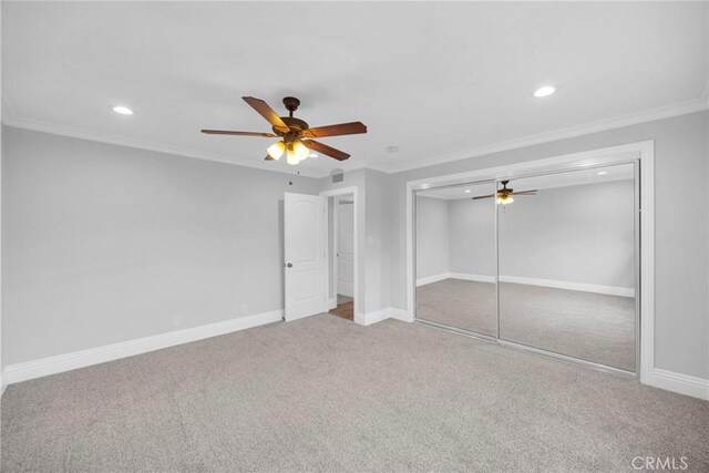 12012 Paseo Bonita, Los Alamitos, CA 90720 - unfurnished bedroom with carpet flooring, recessed lighting, ornamental molding, a closet, and a ceiling fan