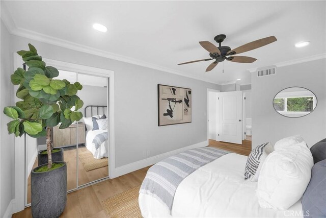 12012 Paseo Bonita, Los Alamitos, CA 90720 - bedroom featuring wood finished floors, recessed lighting, ceiling fan, and ornamental molding