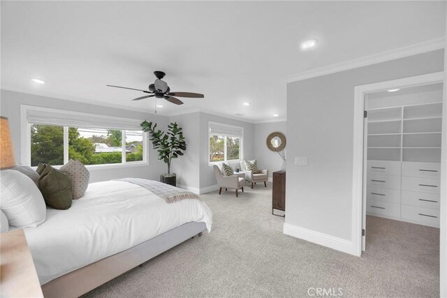 12012 Paseo Bonita, Los Alamitos, CA 90720 - bedroom featuring crown molding, light carpet, a walk in closet, recessed lighting, and ceiling fan