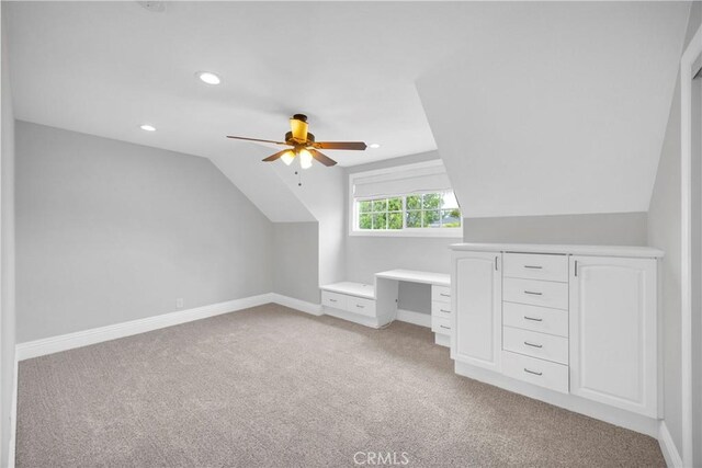 12012 Paseo Bonita, Los Alamitos, CA 90720 - additional living space featuring light carpet, vaulted ceiling, ceiling fan, recessed lighting, and built in desk