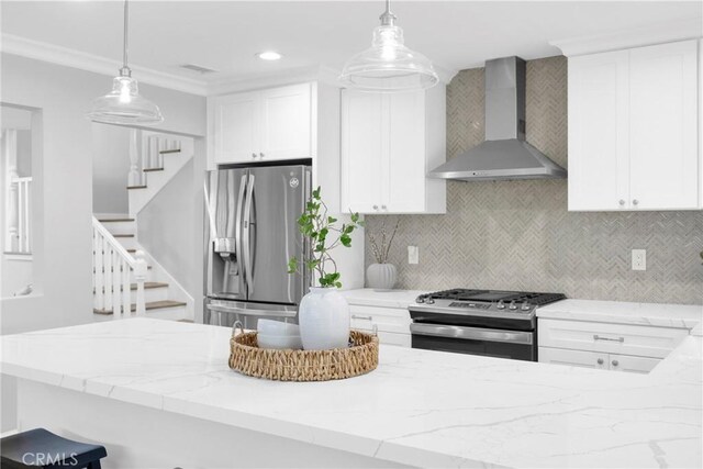 12012 Paseo Bonita, Los Alamitos, CA 90720 - kitchen featuring wall chimney range hood, appliances with stainless steel finishes, light stone counters, recessed lighting, and crown molding