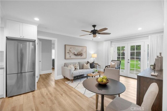 12012 Paseo Bonita, Los Alamitos, CA 90720 - living room featuring french doors, ceiling fan, light wood-style floors, recessed lighting, and ornamental molding