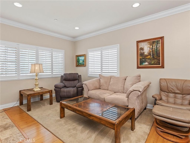 421 E Santa Anita Ave Unit 101, Burbank, CA 91501 - living room featuring ornamental molding, light wood finished floors, and recessed lighting