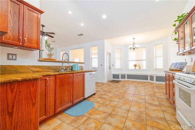 9600 S Loop Blvd, California City, CA 93505 - kitchen featuring white appliances, a chandelier, a ceiling fan, recessed lighting, and light tile patterned floors
