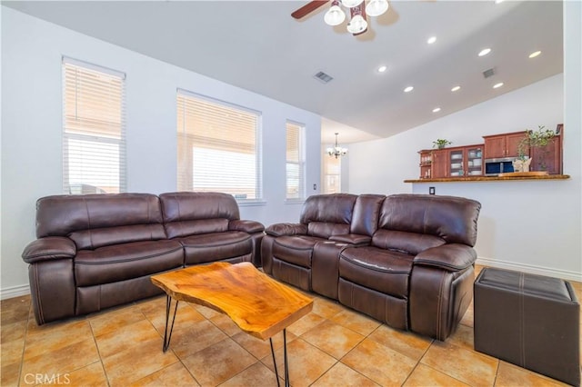 9600 S Loop Blvd, California City, CA 93505 - living room featuring vaulted ceiling, a ceiling fan, a chandelier, recessed lighting, and plenty of natural light