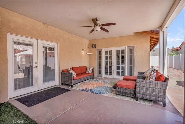13180 Meteor Dr, Victorville, CA 92395 - view of patio / terrace with french doors, a ceiling fan, and outdoor lounge area