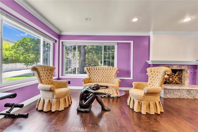 1719 Turnbull Canyon Rd, Hacienda Heights, CA 91745 - living area featuring wood finished floors, a fireplace, crown molding, and recessed lighting