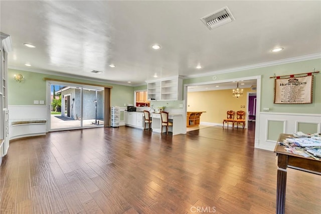 1719 Turnbull Canyon Rd, Hacienda Heights, CA 91745 - living room featuring a chandelier, ornamental molding, dark wood-type flooring, and recessed lighting