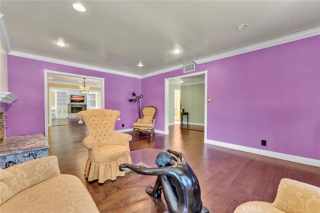 1719 Turnbull Canyon Rd, Hacienda Heights, CA 91745 - living area with a fireplace, ornamental molding, wood finished floors, and recessed lighting