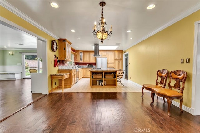 1719 Turnbull Canyon Rd, Hacienda Heights, CA 91745 - kitchen with freestanding refrigerator, wall chimney exhaust hood, stainless steel dishwasher, a chandelier, and light wood-type flooring
