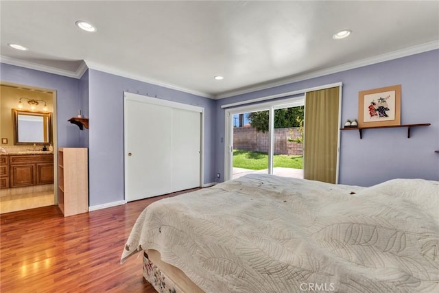 1719 Turnbull Canyon Rd, Hacienda Heights, CA 91745 - bedroom featuring access to exterior, wood finished floors, crown molding, recessed lighting, and a closet