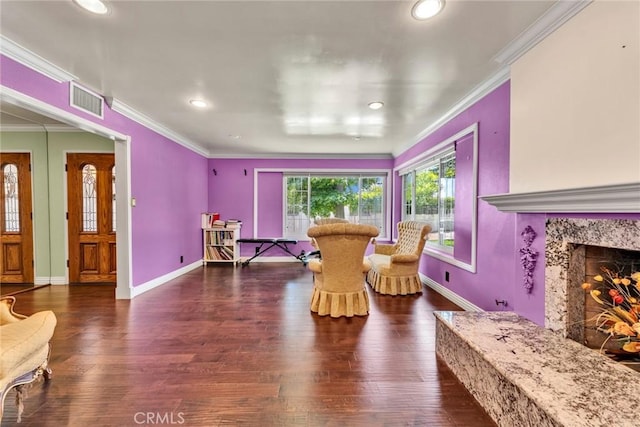 1719 Turnbull Canyon Rd, Hacienda Heights, CA 91745 - sitting room featuring hardwood / wood-style floors, ornamental molding, recessed lighting, and a fireplace