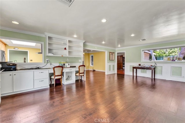 1719 Turnbull Canyon Rd, Hacienda Heights, CA 91745 - kitchen with open shelves, white cabinetry, ornamental molding, recessed lighting, and dark wood finished floors