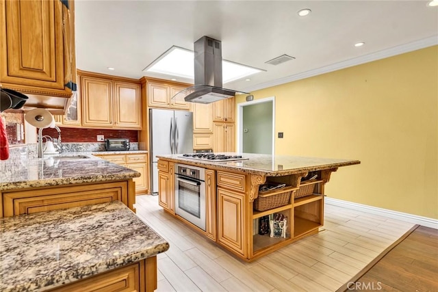 1719 Turnbull Canyon Rd, Hacienda Heights, CA 91745 - kitchen featuring appliances with stainless steel finishes, island exhaust hood, light stone counters, a center island, and open shelves