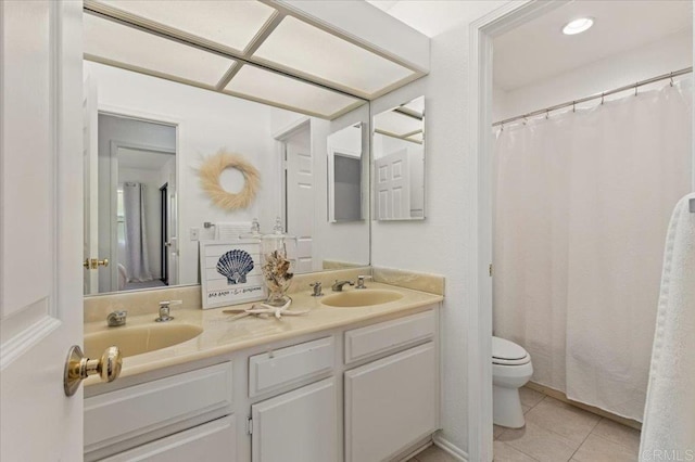 4772 Gateshead Rd, Carlsbad, CA 92010 - bathroom with double vanity, tile patterned flooring, and curtained shower