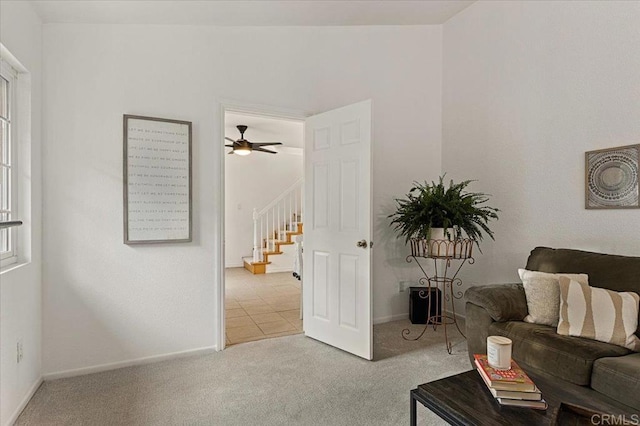 4772 Gateshead Rd, Carlsbad, CA 92010 - carpeted living area with stairs and ceiling fan