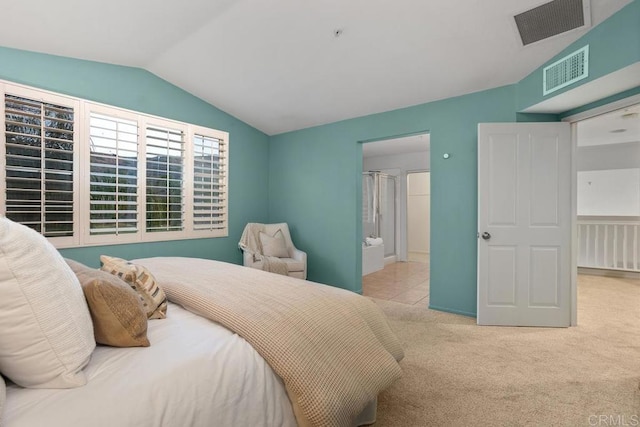 3071 Sprucewood Ln, Escondido, CA 92027 - bedroom with vaulted ceiling, carpet, and ensuite bath