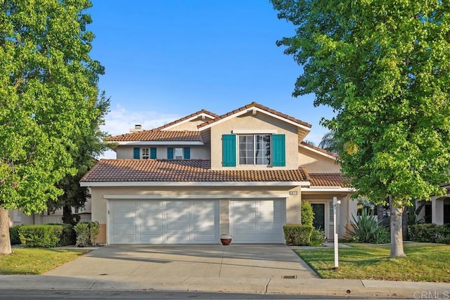 3071 Sprucewood Ln, Escondido, CA 92027 - view of front of property featuring driveway, stucco siding, a tile roof, a garage, and a front lawn