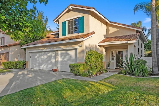 3071 Sprucewood Ln, Escondido, CA 92027 - mediterranean / spanish house with stucco siding, driveway, a front lawn, and a tiled roof