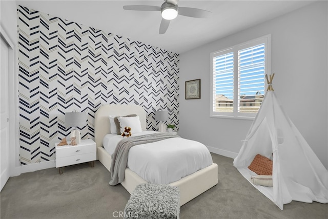9876 Skylar Ave, Fountain Valley, CA 92708 - bedroom with carpet floors, an accent wall, and ceiling fan