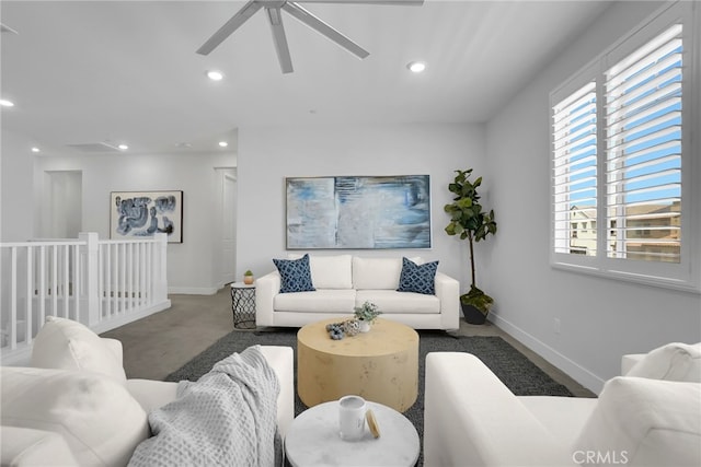 9876 Skylar Ave, Fountain Valley, CA 92708 - living room featuring recessed lighting, ceiling fan, and carpet