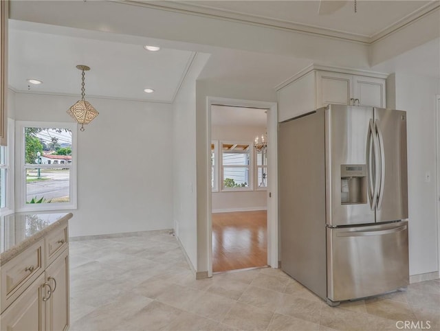 1017 Cordova Ave, Glendale, CA 91207 - kitchen with stainless steel fridge with ice dispenser, healthy amount of natural light, a chandelier, light stone countertops, and ornamental molding