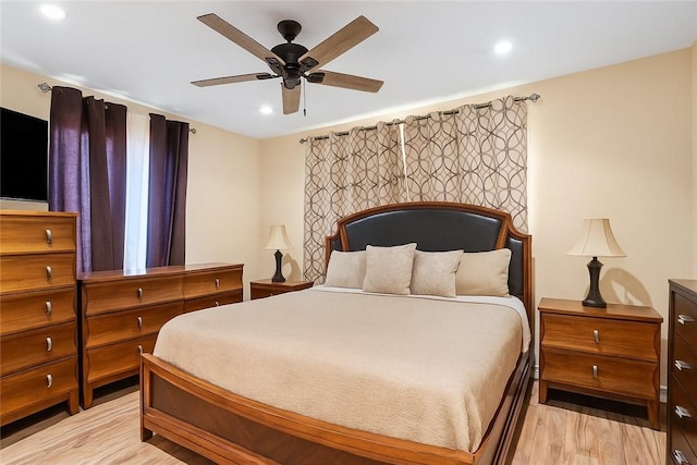 14658 Maclay St, San Fernando, CA 91345 - bedroom with light wood-style flooring, recessed lighting, and a ceiling fan