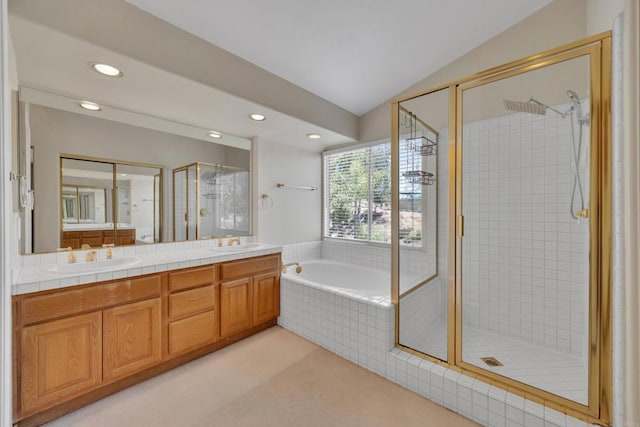 1159 Avenida Azul, San Marcos, CA 92069 - full bathroom featuring recessed lighting, a shower stall, double vanity, a garden tub, and lofted ceiling