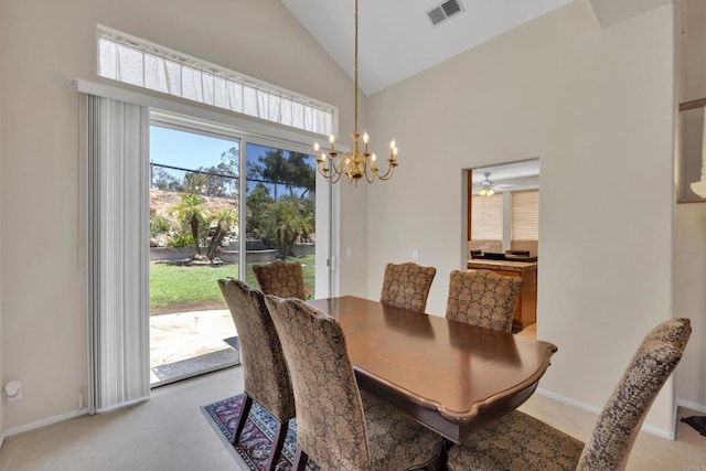 1159 Avenida Azul, San Marcos, CA 92069 - dining area with high vaulted ceiling, a chandelier, light carpet, and ceiling fan