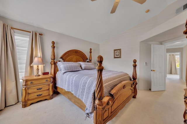 1159 Avenida Azul, San Marcos, CA 92069 - bedroom featuring light colored carpet, vaulted ceiling, and a ceiling fan